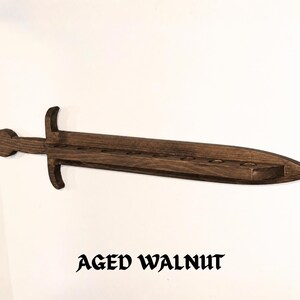 Sword Shaped Miniature Shelf, DND Mini Display, TTRPG Character Shrine, Fantasy Gamer Decor, Dungeon Master Gift Aged Walnut