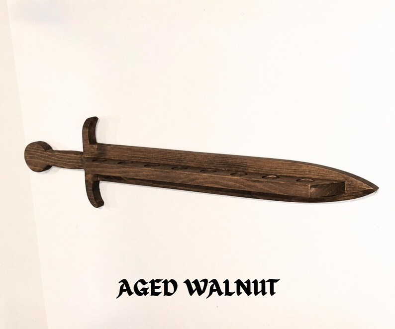 Sword Shaped Miniature Shelf, DND Mini Display, TTRPG Character Shrine, Fantasy Gamer Decor, Dungeon Master Gift Aged Walnut