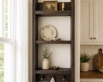 Handmade Wood Ladder Shelf With Shaker Pegs | Kitchen Cabinet Side Shelf | Wall Mounted Rustic Towel Rack