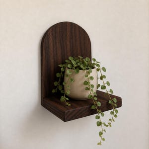 May include: A dark brown wooden wall shelf with an arched back panel. The shelf features a horizontal surface holding a light beige ceramic pot containing a trailing green plant with small round leaves that drape over the edge of the wood.