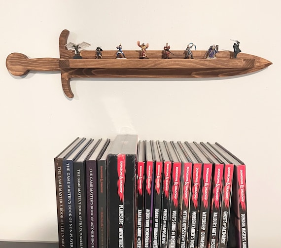 Sword Shaped DnD Miniature Display Shelf | Handmade Wood Sword Wall Mount for Dungeons and Dragons Minis, Fantasy Gamer Decor Gift