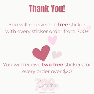 Pode incluir: Gr&aacute;fico promocional rosa com o texto "Thank You!". O texto indica que os clientes receber&atilde;o adesivos gr&aacute;tis com os pedidos. Ilustra&ccedil;&otilde;es de cora&ccedil;&otilde;es rosa tamb&eacute;m est&atilde;o inclu&iacute;das no design.