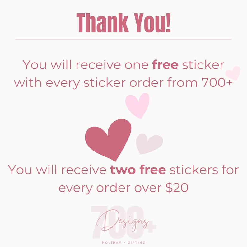 Pode incluir: Gr&aacute;fico promocional rosa com o texto "Thank You!". O texto indica que os clientes receber&atilde;o adesivos gr&aacute;tis com os pedidos. Ilustra&ccedil;&otilde;es de cora&ccedil;&otilde;es rosa tamb&eacute;m est&atilde;o inclu&iacute;das no design.