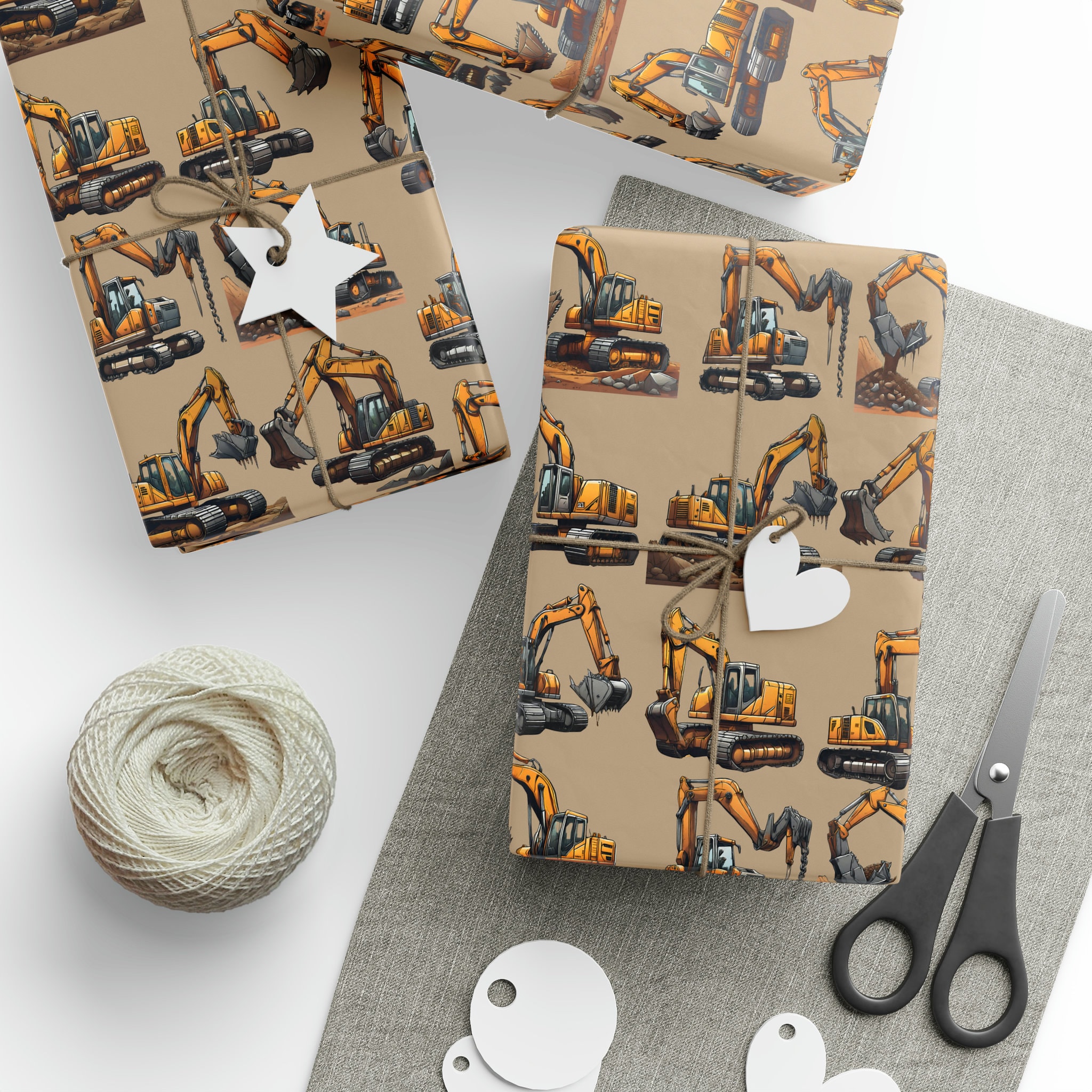 4th Birthday Wrapping Paper, Builder Construction Crane Digger Childrens  Wrapping Paper, Fourth Birthday Gender Neutral, Wrapping Paper 