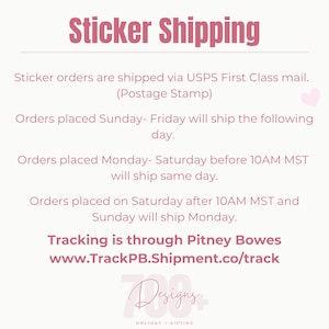 Pode incluir: Um gr&aacute;fico rosa com o texto "Sticker Shipping" no topo. O texto abaixo detalha o envio via USPS First Class mail, os tempos de processamento de pedidos e informa&ccedil;&otilde;es de rastreamento atrav&eacute;s da Pitney Bowes.