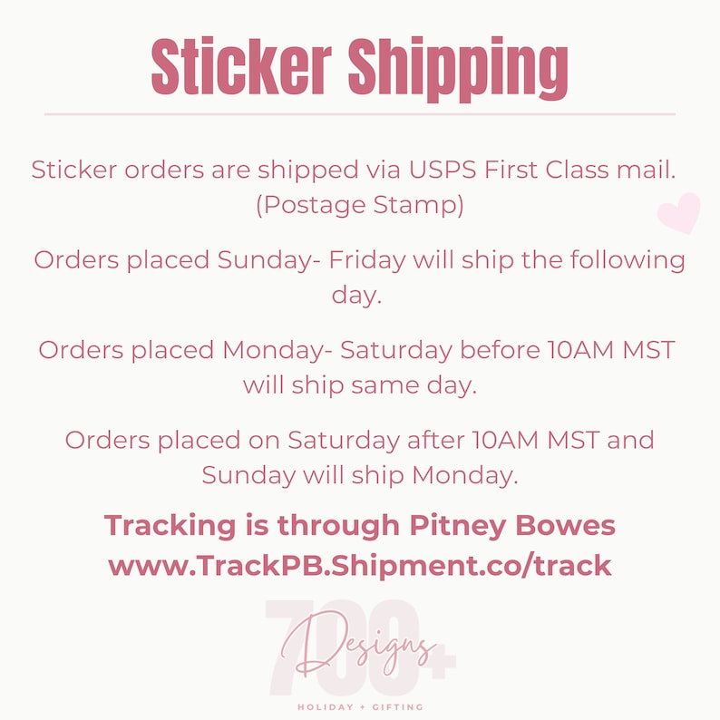 Pode incluir: Um gr&aacute;fico rosa com o texto "Sticker Shipping" no topo. O texto abaixo detalha o envio via USPS First Class mail, os tempos de processamento de pedidos e informa&ccedil;&otilde;es de rastreamento atrav&eacute;s da Pitney Bowes.