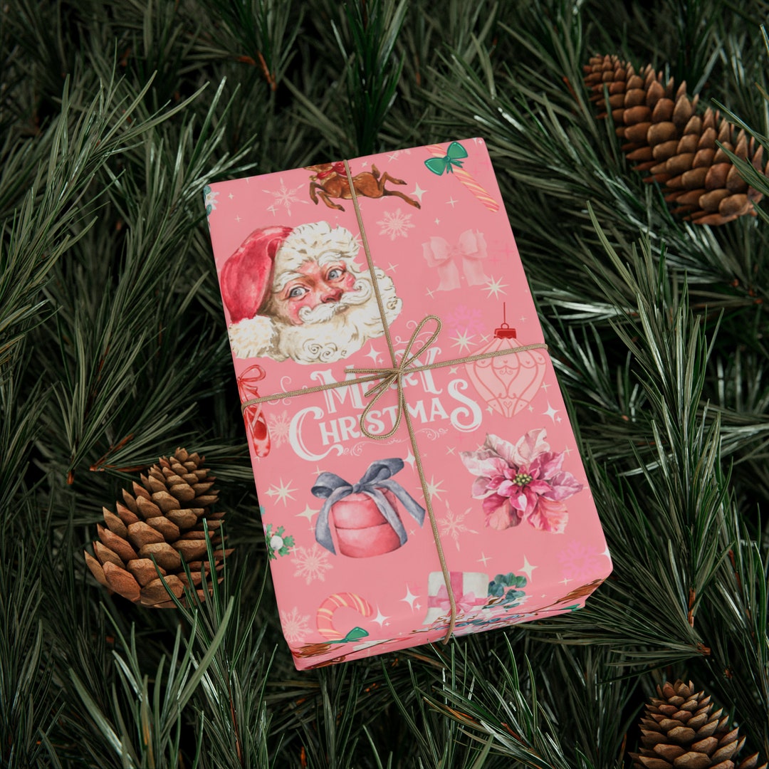 Vintage Pink Christmas Wrapping Paper Vintage Santa Wrapping Paper