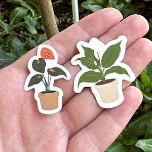 May include: Two plant stickers are held in a hand. One sticker features a plant with dark green leaves and an orange flower in a brown pot. The other sticker shows a plant with green leaves in a white pot. The background is green.