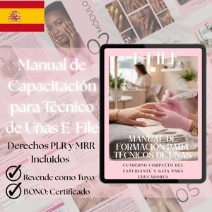 May include: A digital tablet displaying an E-FILE nail technician training manual with pink borders. The screen shows a person in pink gloves using an electric nail file on a hand. Text includes E-FILE, MANUAL DE FORMACIÓN PARA TÉCNICOS DE UÑAS, and CUADERNO COMPLETO DEL ESTUDIANTE Y GUÍA PARA EDUCADORES.