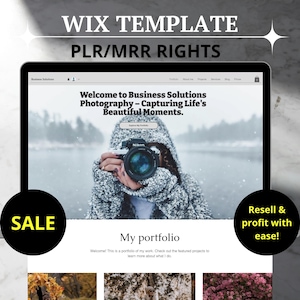 May include: A Wix website template for photographers, featuring a woman holding a camera in a snowy landscape. The text on the website reads "Welcome to Business Solutions Photography - Capturing Life's Beautiful Moments." and "My portfolio".