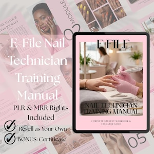 Peut inclure: Une tablette numérique affiche le titre "F-FILE" et "NAIL TECHNICIAN TRAINING MANUAL". L'image montre une technicienne des ongles travaillant sur la main d'une cliente. Du texte rose et blanc sur des fonds roses est visible.