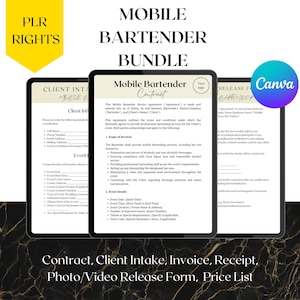 May include: A digital marketing kit for mobile bartenders. The kit includes a contract, client intake form, invoice, receipt, photo/video release form, and price list. The kit is designed to help mobile bartenders manage their business.