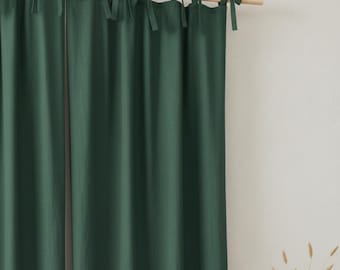 Cortinas de linho estilo boho – Cortinas verde-escuras para sala de estar e quarto, com painéis de comprimento personalizado.