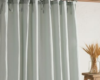 Cortinas de linho lavado em pedra, cor verde-azulado claro, extra longas, para portas e janelas de quartos.