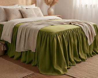 Falda de cama de lino estilo bohemio, color verde musgo con volantes, falda de cama con caída personalizada.
