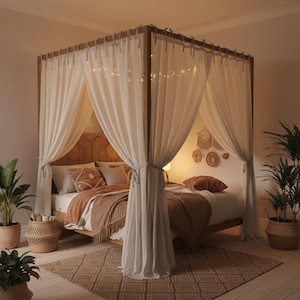 May include: A wooden four-poster bed draped with cream curtains. The bed is dressed with pillows, a blanket, and a throw in brown and beige tones. The room is decorated with plants and a woven basket, creating a warm, inviting atmosphere.