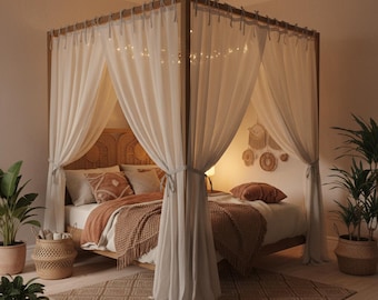 Boho Linen Bed Canopy Curtain Four Corner Tent Bedroom Decor Panels (1 Panel)