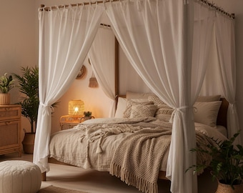 Cortinas de linho para cama com dossel e quatro cantos – Cortinas de tecido macio branco-sujo para decoração de quarto (1 painel)
