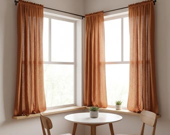 Cortinas Boho Extra Longas em Linho Cor Ferrugem com Acabamento Stonewashed