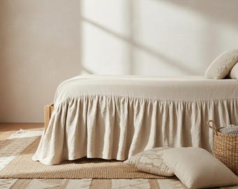 Bohemian Ruffle Natural Linen Bed Skirt, Organic Dust Ruffled Tailored - Custom Drop Length Bedskirt