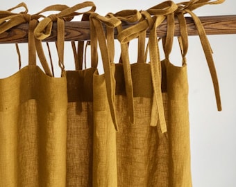 Cortinas Boho de Linho com Amarração Personalizada, Cortina de Painel Único Extra Longa