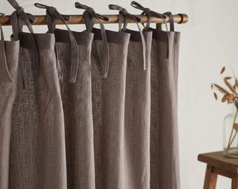 Cortinas de linho marrom-nogueira com amarração superior estilo boho, feitas sob medida para portas e janelas. Painel de cortina de linho para decoração de casa.