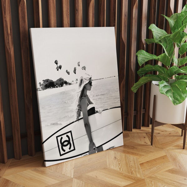 Surfer Girls Black and White Fashion Posters, Surfer Print, Fashion wall art, Beach girl poster, Famous brands, Canvas wall art