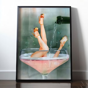 Funky Female Champagne Poster, Retro Vintage Print, Trendy Wall Art, Vintage Bar Poster, Girly Cocktail Print, Dorm Room Decor