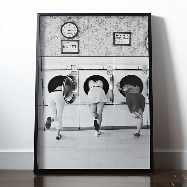 Feminis Woman And Man In The Washing Machine Poster, Black And White, Feminist Print, Funny Wall Art, Vintage Laundry Poster, Room Decor