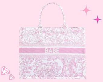 Pink Tote | Bridesmaid Gift | Beach Bag | Bachelorette Party | Girly Canvas Tote | Floral Toile Bag | Babe | Designer Tote | Favor | Wedding