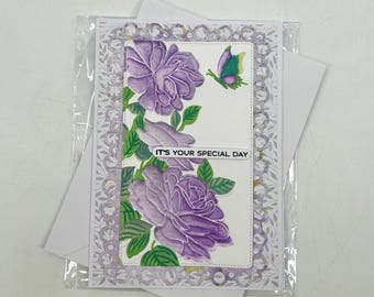 Happy Birthday Purple Floral Handmade Large Card