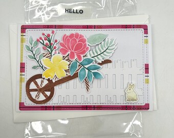 Floral Bunny Hello Small Handmade Greeting Card