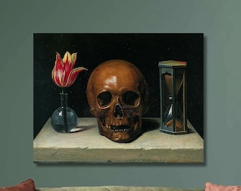 Memento mori, Philippe de Champaigne Canvas Wall Art, Still-Life with a Skull Art Print,Flower,Skull and Hourglass,Canvas Poster,Home Decor