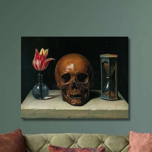 Memento mori, Philippe de Champaigne Canvas Wall Art, Natureza morta com uma impressão de arte de caveira, Flor, Caveira e ampulheta, Pôster de tela, Decoração para casa