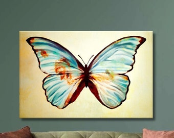 May include: A painting of a blue butterfly with brown accents on a cream background. The butterfly is centered in the image and has its wings spread wide.