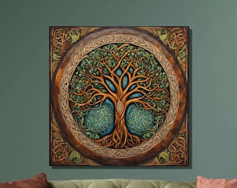Può includere: Un divano in velluto verde con due cuscini, uno rosso e uno marrone, si trova di fronte a una parete verde con un'opera d'arte incorniciata che rappresenta un albero della vita stilizzato con dettagli intricati in oro, marrone e blu.