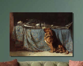 May include: A painting depicting a knight in armour lying on a bed, with a brown dog standing beside him. The dog is gazing at the knight. The painting is set in a room with a dark wooden floor and a dark wooden door in the background.