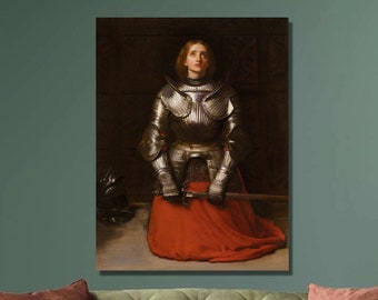 May include: A painting of a woman in a silver suit of armor kneeling with her head tilted up. She is wearing a red robe and holding a sword. The painting is set against a dark background.