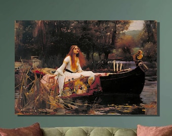 May include: A painting of a woman in a white dress sitting in a boat on a lake. The woman is looking to the right and has long, flowing hair. The boat is surrounded by trees and water lilies.