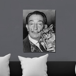 Salvador Dalí Canvas Poster,Dalí in the 1960s,sporting his characteristic flamboyant moustache,holding his pet ocelot,Babou,Canvas Art65