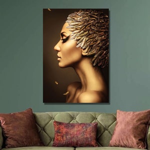 Gold African Women Canvas, Black And Gold Wall Art Gold Girl Canvas,Office Decor,Modern Large Wall Art,Woman Art Print,Beautiful Wall Decor3