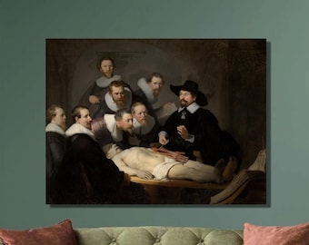 May include: A painting depicting a group of people gathered around a table, observing a body being dissected. The scene is lit by a single light source, casting shadows on the figures and the table. The painting is set in a dark, somber room, with a sense of mystery and intrigue.