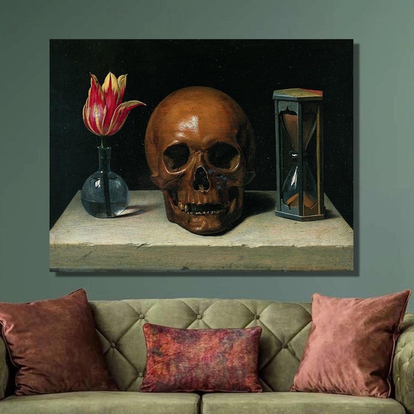 Memento mori, oeuvre d'art murale sur toile Philippe de Champaigne, impression d'art nature morte avec une tête de mort, fleur, crâne et sablier, affiche en toile, décoration d'intérieur