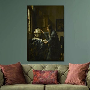 May include: A painting of a man in a dark room, sitting at a table and looking at a globe. The room is dimly lit, and the man is wearing a dark robe. The globe is on a table in front of him, and he is holding a book in his other hand.
