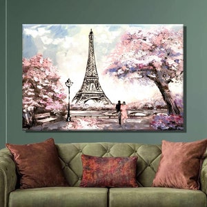 Love in the Eiffel Tower Canvas Painting,Paris Europe City Landscape Eiffeltower,Pink Flowers Trees Eiffel Tower Canvas Poster,Wall Decor68i