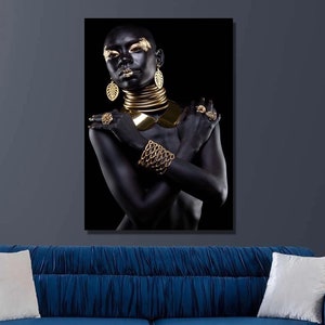 African Woman Canvas Art: Gold Hair & Earrings, Modern Wall Decor