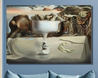 サルバドール・ダリ「ビーチに浮かぶ顔とフルーツ皿の幻影」キャンバス