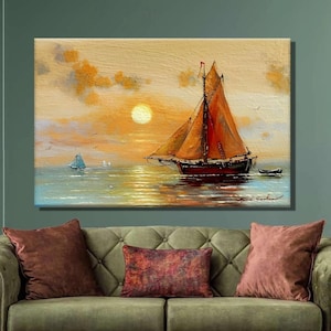額入りクリッパー船の絵画 夕焼けの壁アート ピンク イエロー
