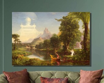May include: A painting depicting a landscape with a river, trees, and a white building in the distance. The painting is framed and hanging on a green wall.