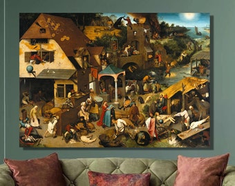 May include: A painting depicting a bustling medieval village scene with many figures and buildings. The painting is framed and hanging on a wall above a green sofa.